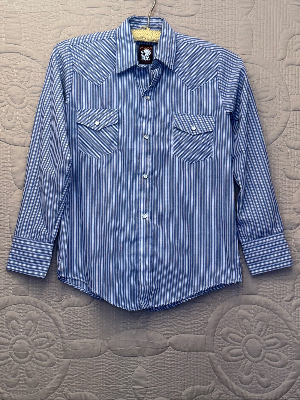 Karman Boys Vintage Blue Vertical Striped Pearl Snap-up Shirt